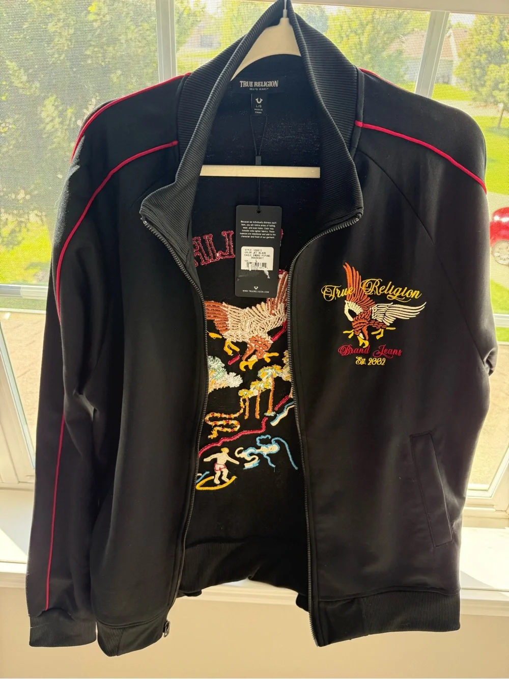 True Religion Black Jacket with Red Piping and Embroidered Crest
